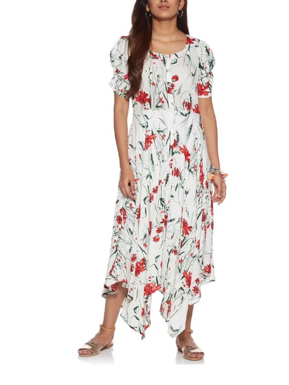 LOV Maxi Dress in White & Red Floral Print Asymmetrical Size S-M